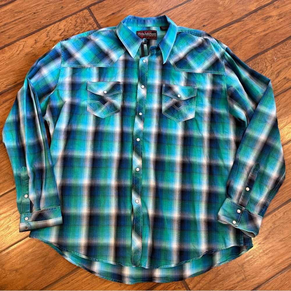 Rock & Roll Cowboy Western Shirt mens XXL green blue plaid pearl snap rodeo nice